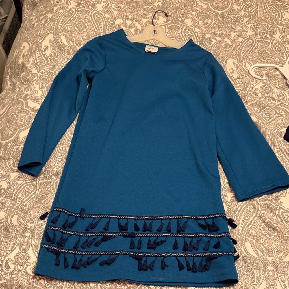 Blue Kids Dress with Tassel Trim